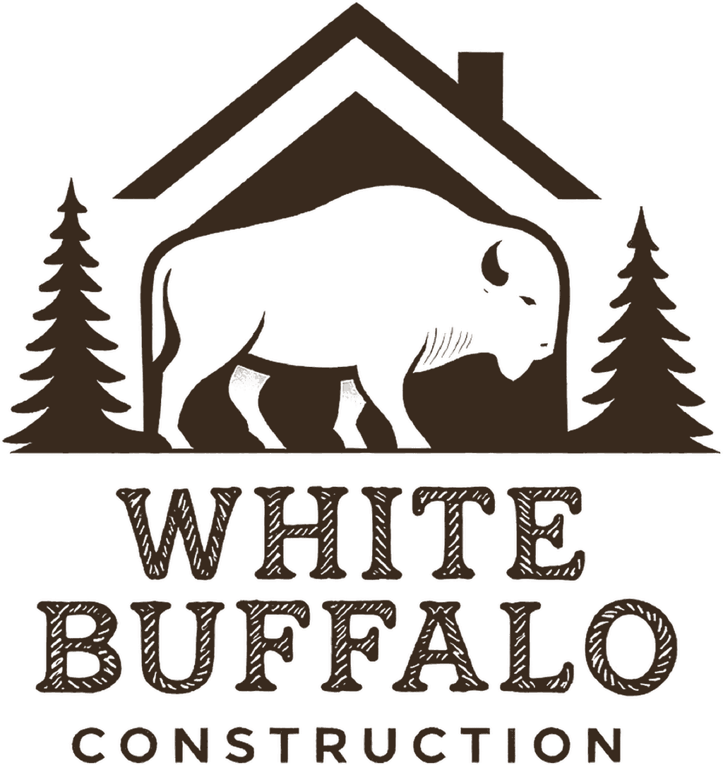 White Buffalo Construction logo: a buffalo under a house roofline, flanked by pine trees, with WHITE BUFFALO CONSTRUCTION lettering